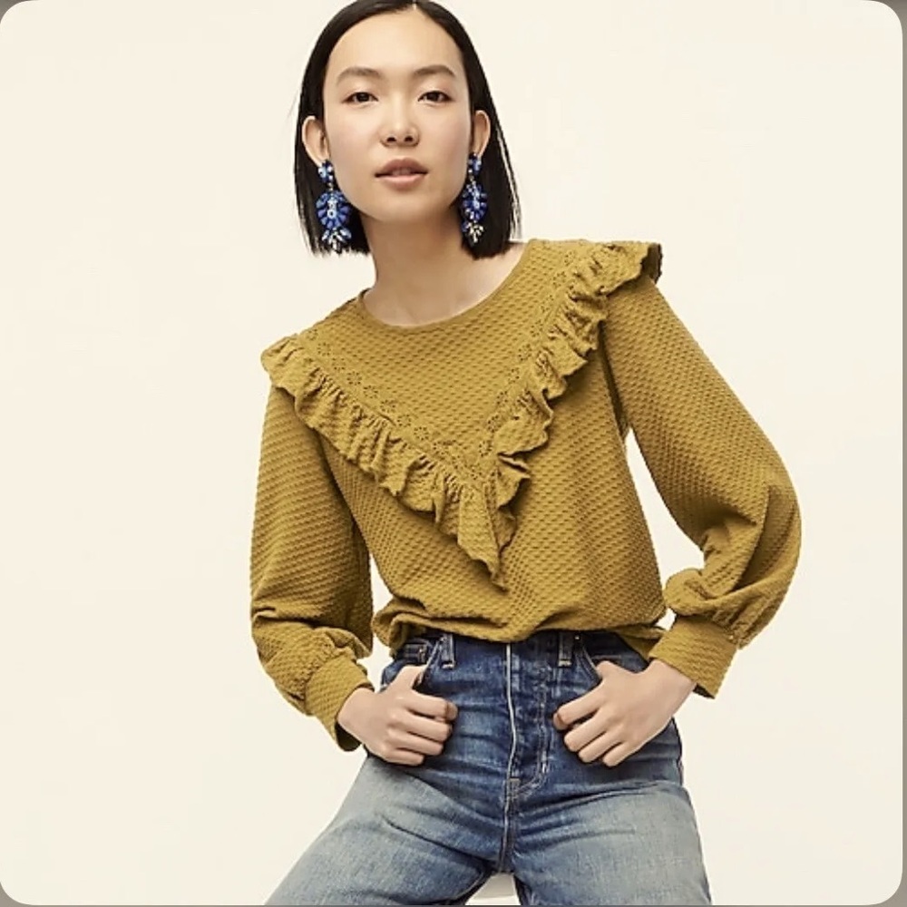 BRAND NEW J. Crew Ruffle-trim Honeycomb-knit Cotton Long Sleeves Top